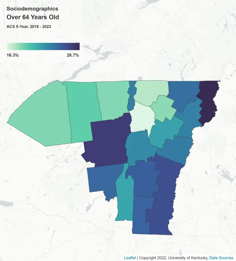 Map of over 64 years old in the UVM Cancer Center catchment area