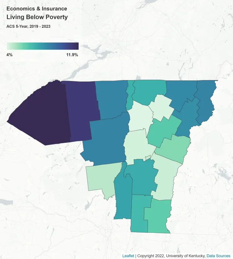 Map of poverty rates in the UVM Cancer Center catchment area