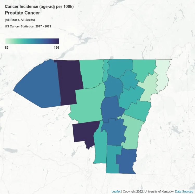 Map of prostate cancer incidence in the UVM Cancer Center catchement area