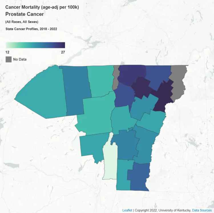 Map of prostate cancer mortality in the UVM Cancer Center catchment area