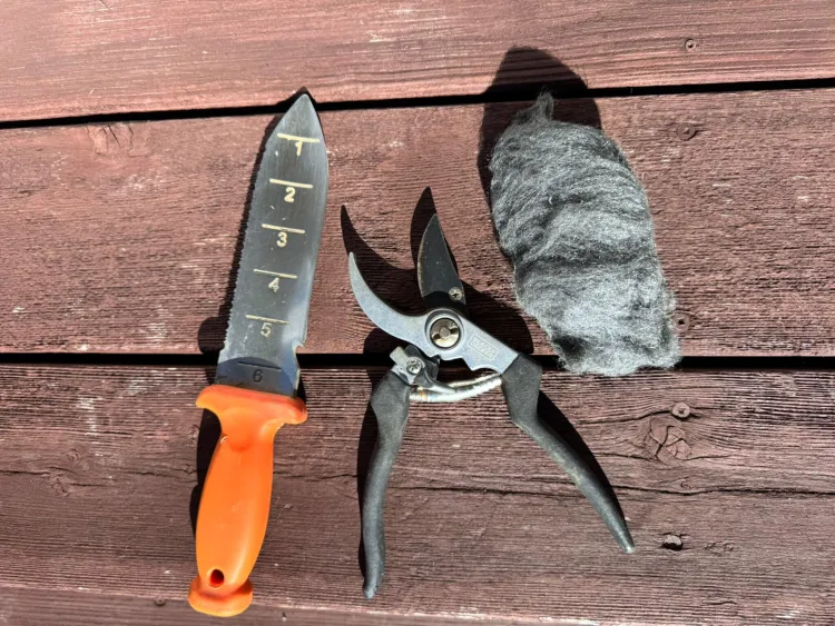 garden tools and steel wool on a table
