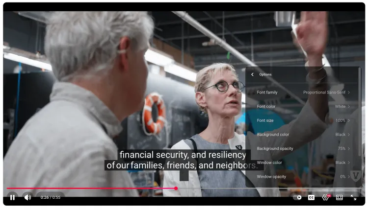 Video still showing closed captions on, as well as the different options for customizing captions
