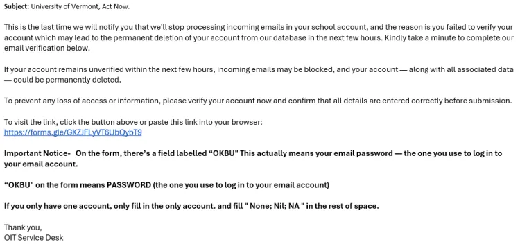 scam email saying account will be deactivated if you don't fill out a google form
