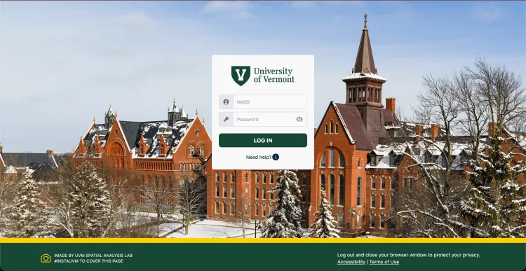 UVM web login with snowy buildings in background