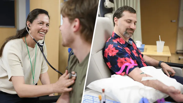 Left: a person listening to a patient's heart; right: a person with an IV in their arm