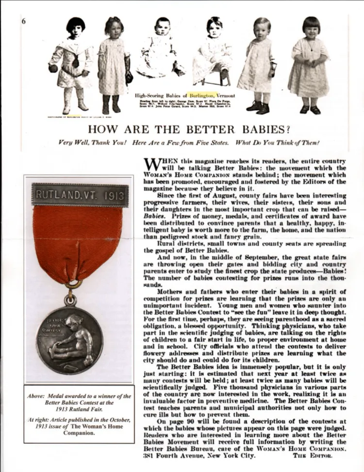 Historical 1913 magazine page featuring photographs, text, and a medal related to “Better Babies” contests, shown as a primary source document.