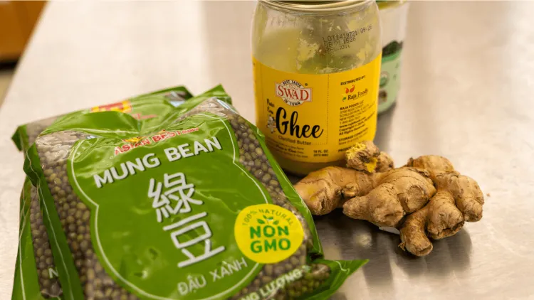 Mungbeans, Ghee, and Ginger on a chrome table
