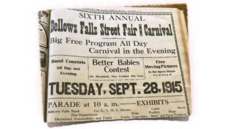 1915 newspaper ad for the Bellows Falls Street Fair announcing a Better Babies Contest.