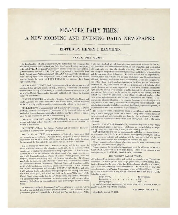 image of the NY Times 1851 prospectus