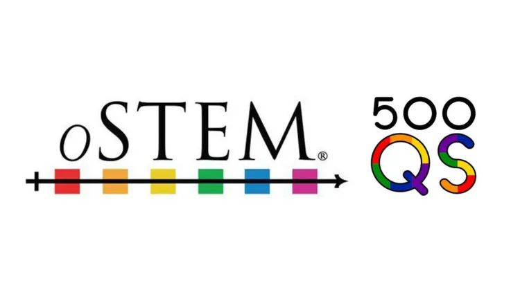 Logo of the word “o-STEM” over an arrow with rainbow colors, and logo of the words “500 QS” with the “QS” in rainbow colors.