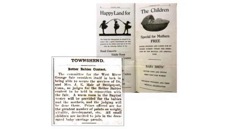 Historical Vermont fair advertisements and notices related to baby shows and “Better Babies” contests.