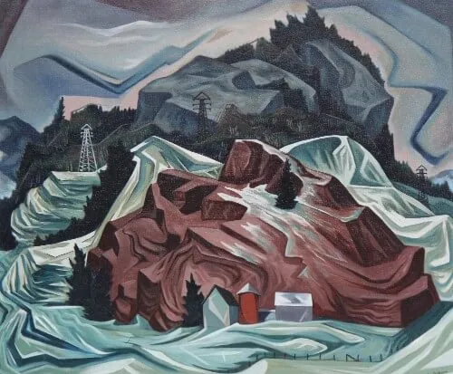 Stylized painting of a mountainside in the winter