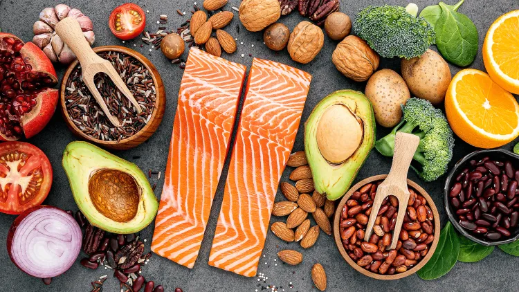 an assortment of colorful and interesting heart-healthy foods