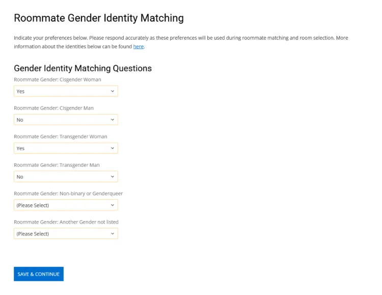 Dropdown menu of gender identity questions for gender inclusive housing 