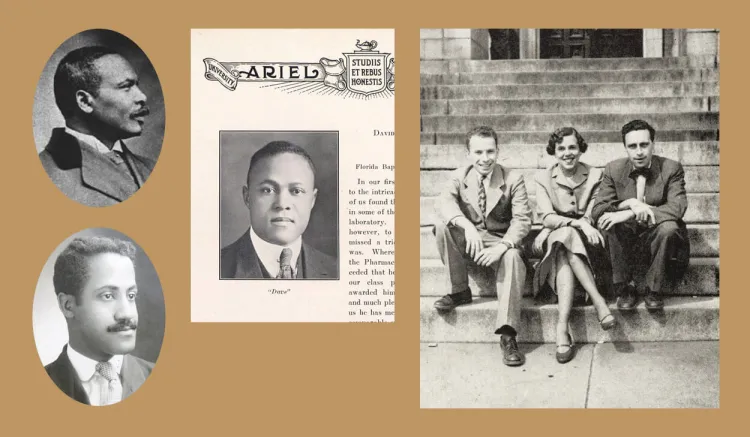 Left: 3 early Black medical students. Right: a black medical student flanked by 2 white classmates.