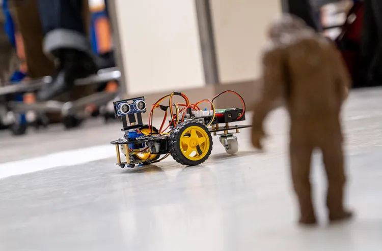 A hand-built robot runs through its program