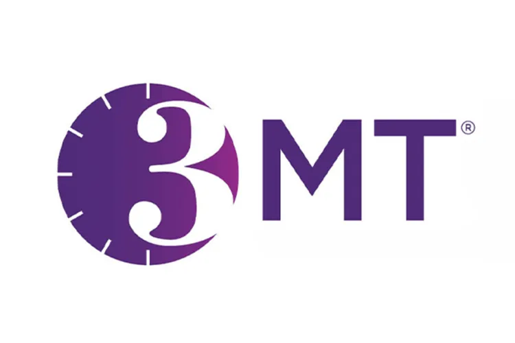 logo for Three Minute Thesis showing a clock face with a 3 in it and the letters MT