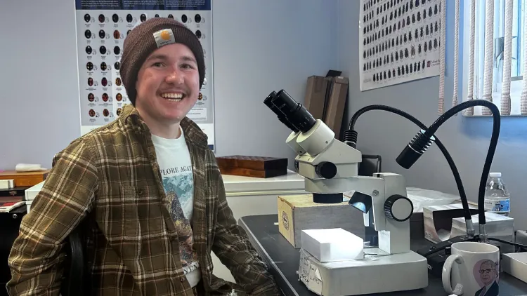 finn flynn preps a lady beetle sample for inspection under the microscope