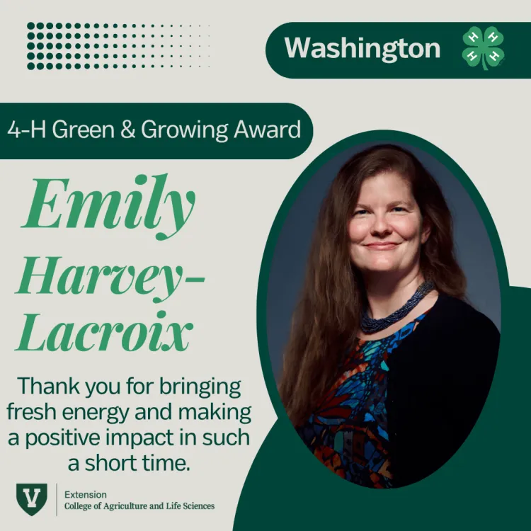 A green and grey graphic that has text reading 4-H green and growing award, the name emily harvey-lacroix and the words thank you for bringing fresh energy and making a positive impact in such a short time.