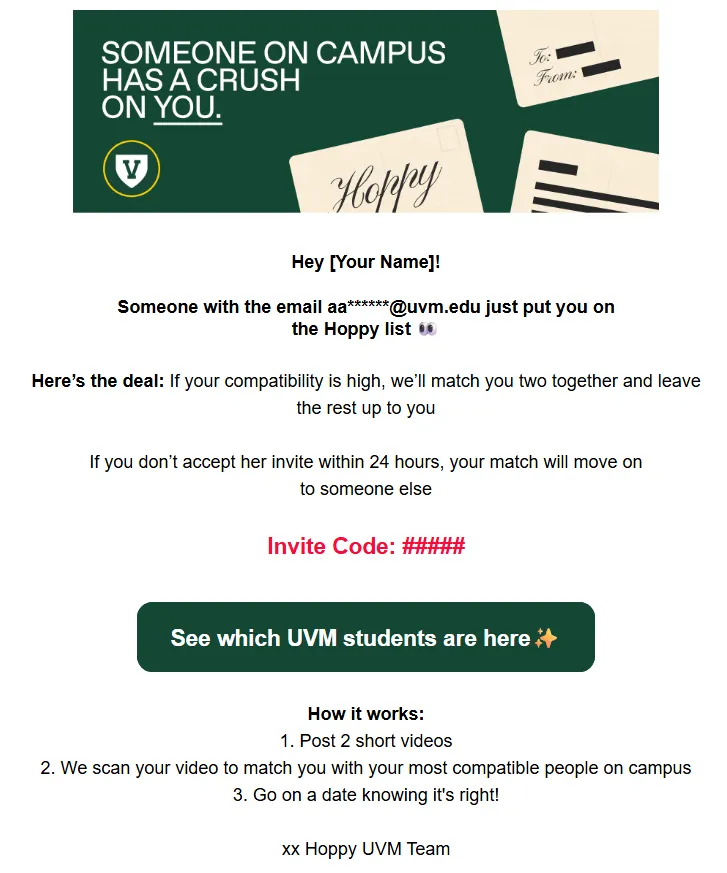 Email with UVM branded image saying "someone on campus has a crush on you!"