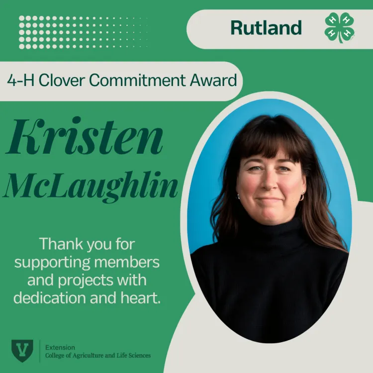 A green and grey graphic with the words 4-H clover commitment award, the name kristen mclaughlin and the text thank you for supporting members and projects with dedication and heart