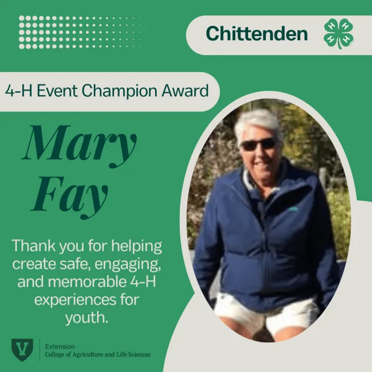 A green and gray graphic with the text 4-H event champion award, the name Mary Fay and the words thank you for helping create safe, engaging and memorable 4-H experiences for youth. 