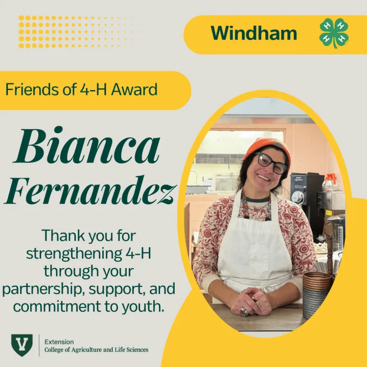 a yellow and grey graphic with text in green reading friends of 4-H award, the name bianca fernandez and the text thank you for strengthening 4-H through your partnership, support and commitment to youth.