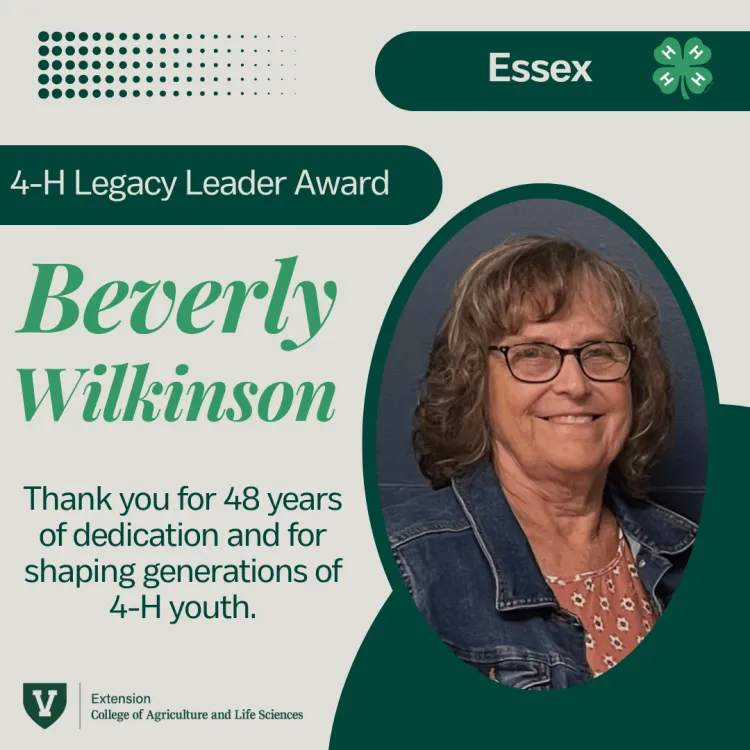 A grey and green graphic with the text 4-H legacy leader award, the name beverly wilkinson and the words thank you for 48 years of dedication and for shaping generations of 4-H youth.