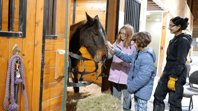Two fourth graders rub the nose of a horse as a UVM mentor assists.