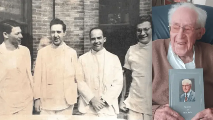 Left: vintage photo of 4 medical students; Right: an old person holding a book
