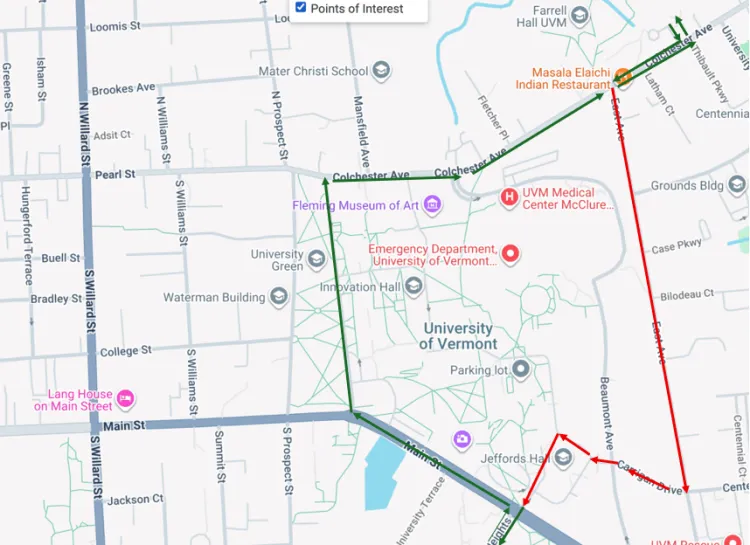 Diagram of the On Campus shuttle detour route on the UVM main campus