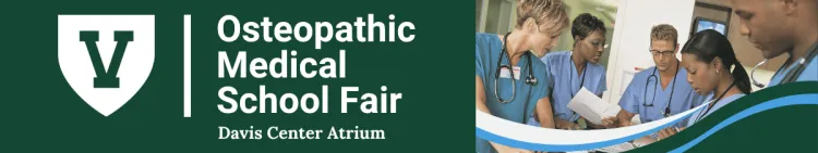 Banner of the a=osteopathic Medical School Fair showing physicians in scrubs congregating around a discussion