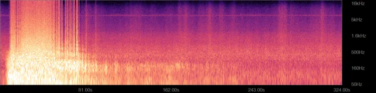 Spectrogram image, bright orange, red, and purple hues