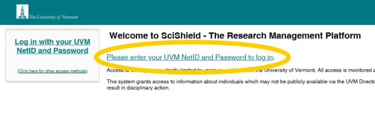 Screenshot of SciShield log on page