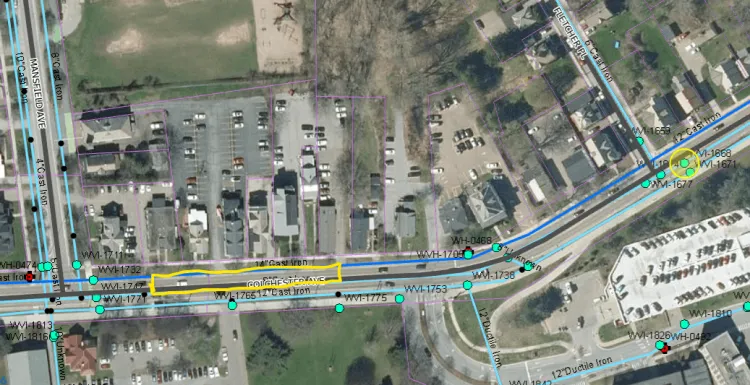 Partial street map of Colchester Avenue where it intersects with Mansfield Avenue. Roadwork along Colchester just east of Mansfield circled in yellow.