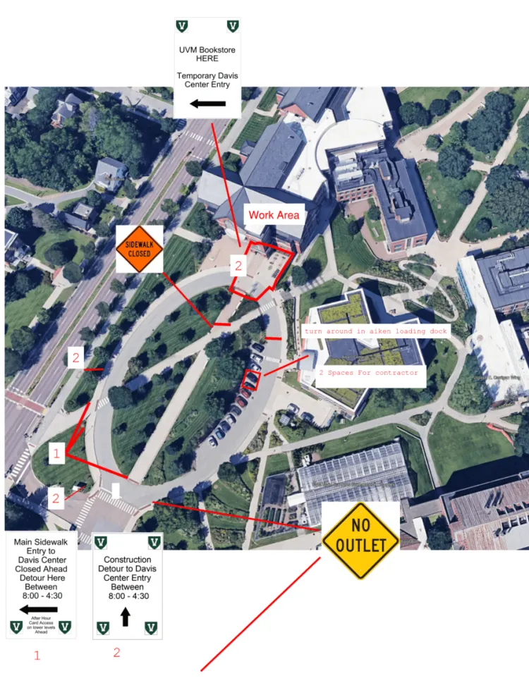 Partial street map of the UVM Davis Center, showing that the eastern entry will be closed, and there will be no access to the turnaround.