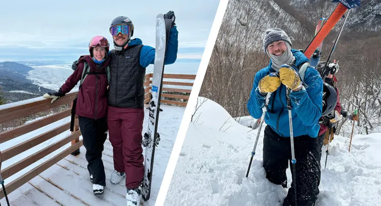 Two images of Ryan Anderson and friends out skiing 