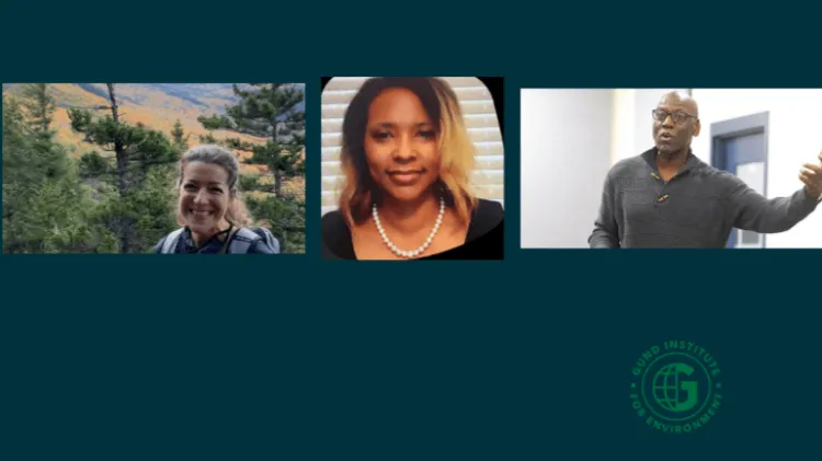 a composite of three researchers on a dark green background