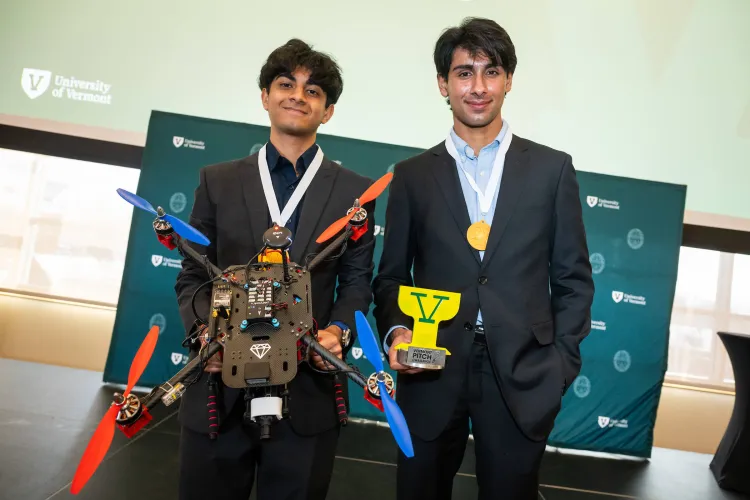 The two Vermont Pitch Challenge winners pose with their drone prototype