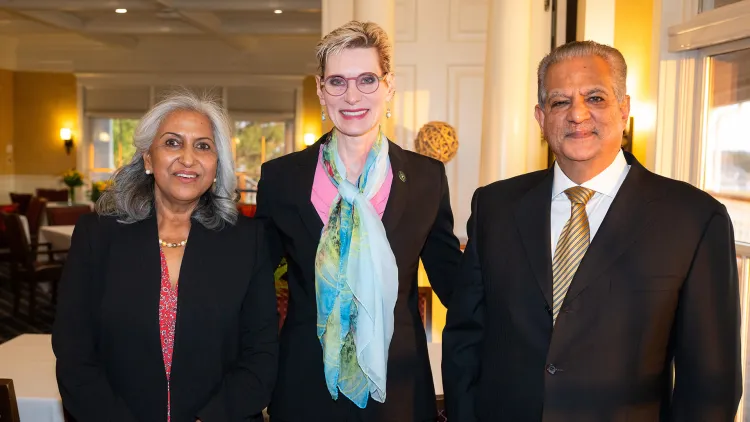 Professor Dita Sharma, UVM President Marlene Tromp, Dean Sanjay Sharma