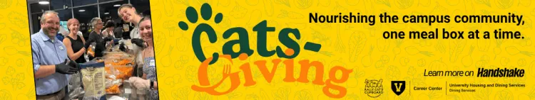 Cats-Giving Banner with students and alums creating a meal box together with food items in background