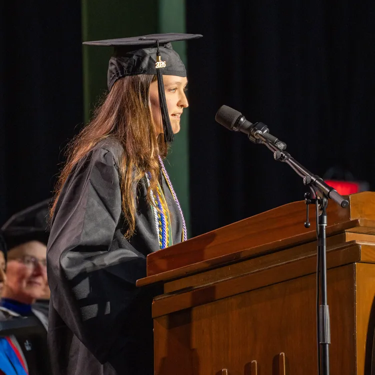 Allison Kingsley delivers the commencement address to the Grossman School at UVM