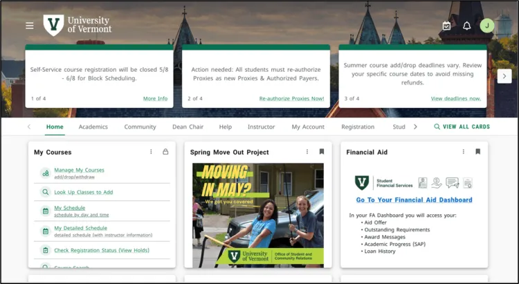 A screenshot of the My UVM dashboard, on the left side of the screen is a column that says "My Courses" where students can find their schedule