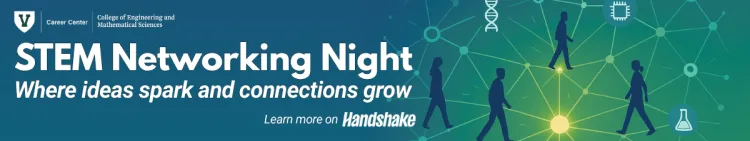 STEM Networking Night Banner graphic with people walking over a connected web network