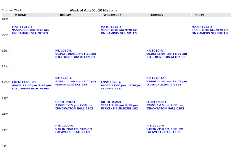 A sample course schedule - the screenshot shows times on the left side of the screen and Monday through Friday across the top. Throughout the schedule there are course names in each day at different times.