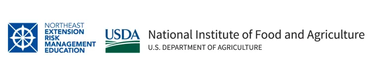 Two logos. One is a blue square with a white circle over a white cross and white "x" next to the words Northeast Extension Risk Management Education. The second logo is the blue text USDA over a green hill-like shapes. Next to it is text in black reading National Institute of Food and Agriculture. U.S. Department of Agriculture. 