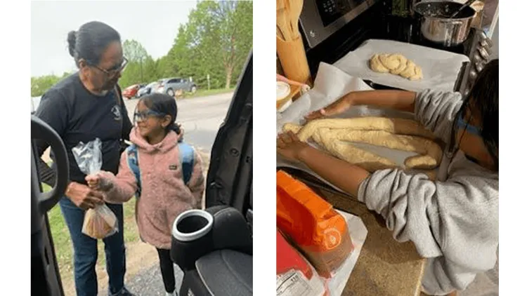 Two vertical photos side by side, one of a young person with an adult holding a bag of bread. The second photo shows the same young person rolling out bread.