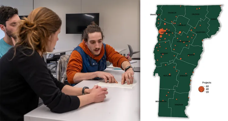 Left: CEE students discuss their capstone project with a community mentor. Right: Map showing the distribution of community capstone projects in Vermont over the past two decades. (Map by Ryan Van Der Heijden)