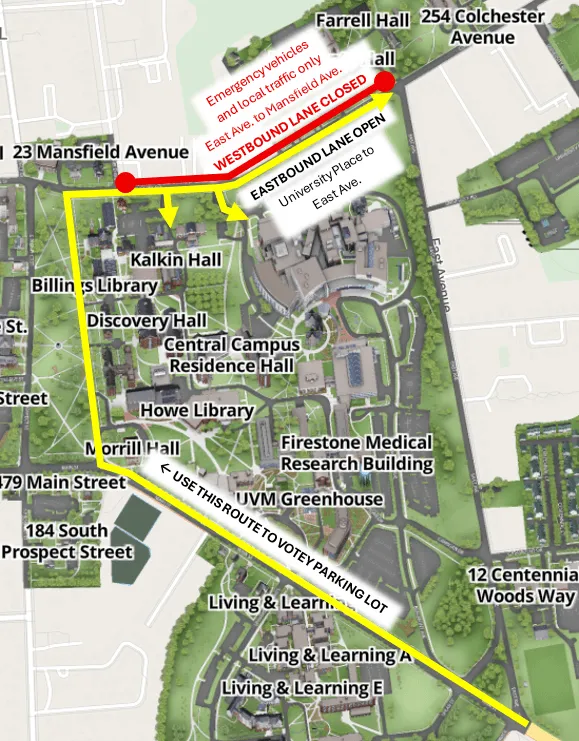 Partial streetmap focusing on the UVM campus in Burlington. Colchester Ave is highlighted with a section of disrupted traffic