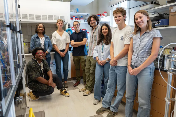 Group photo of undergraduate and graduate students working in Professor Matt Scarborough's EMERG lab